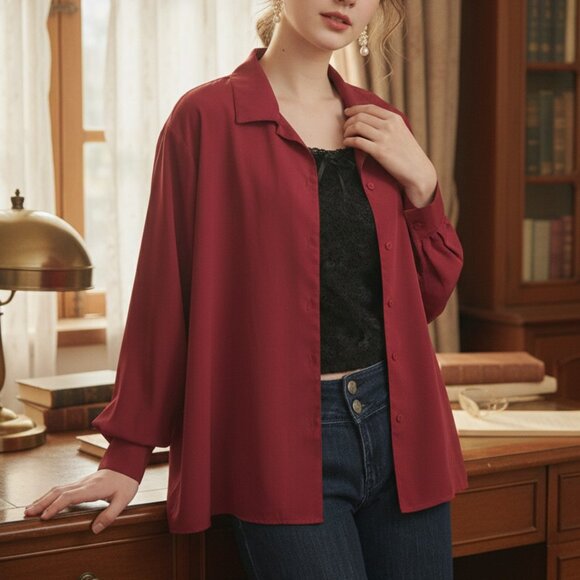 Vintage 90s Liz Moody classic french red puffy long sleeved button-up shirt - Picture 2 of 16